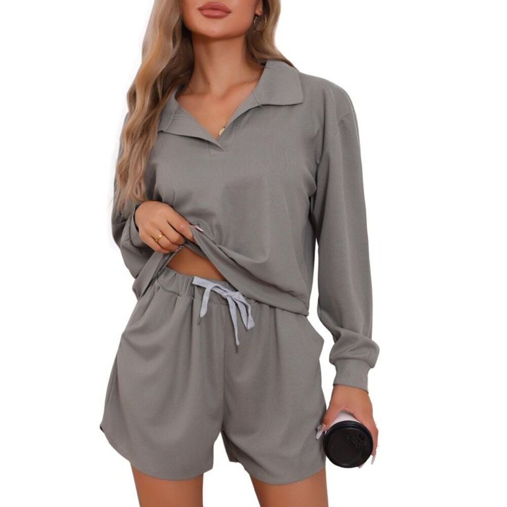 cheibear Women's Waffle Knit Long Sleeve Top and Shorts Pajama Sets Gray Small